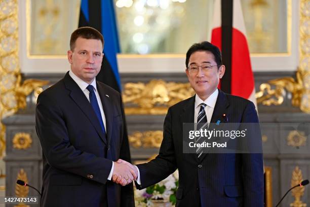 Japan's Prime Minister Fumio Kishida meets the Estonian Parliament's President Juri Ratas on September 26, 2022 at the Akasaka State Guest House in...