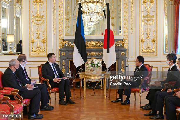 Japan's Prime Minister Fumio Kishida meets the Estonian Parliament's President Juri Ratas on September 26, 2022 at the Akasaka State Guest House in...