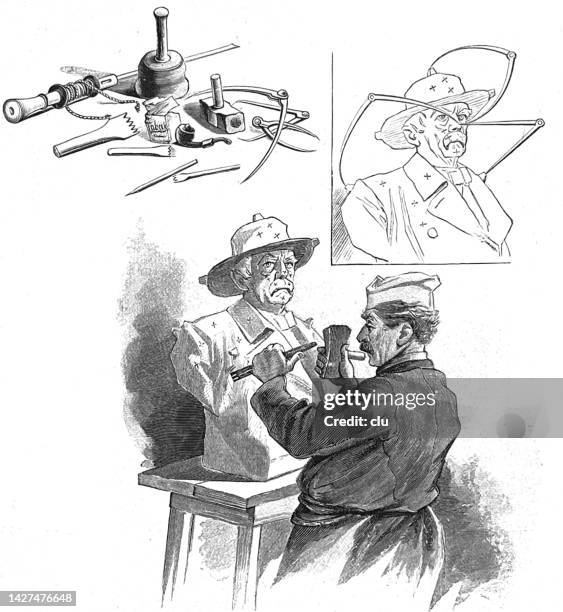 bildhauer bei der arbeit an einer bismarck-büste - steinmetz stock-grafiken, -clipart, -cartoons und -symbole