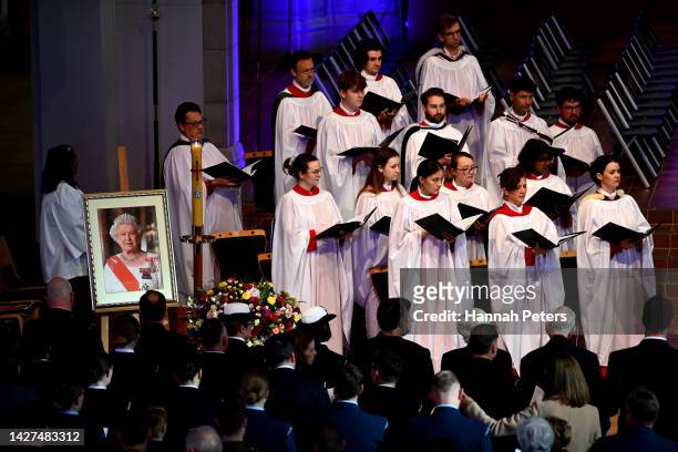 Photo of Queen Elizabeth II is displayed during the Auckland service of memorial for Her Majesty Queen Elizabeth II at Holy Trinity Cathedral on...
