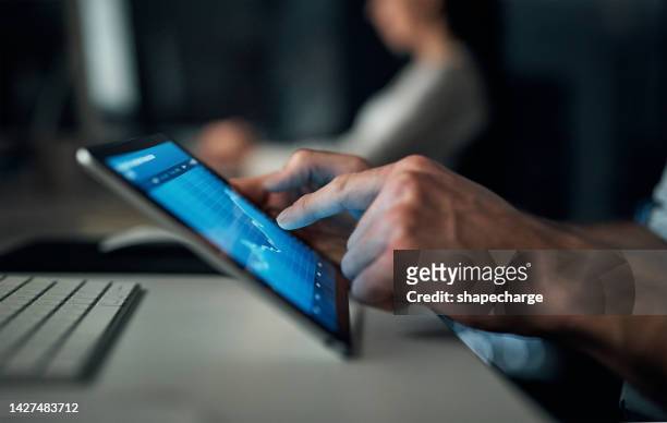 stock market, investment and tablet trading graph of a business man working in a office. fintech, cryptocurrency and digital accounting management of a businessman working on online financial wealth - fintech imagens e fotografias de stock