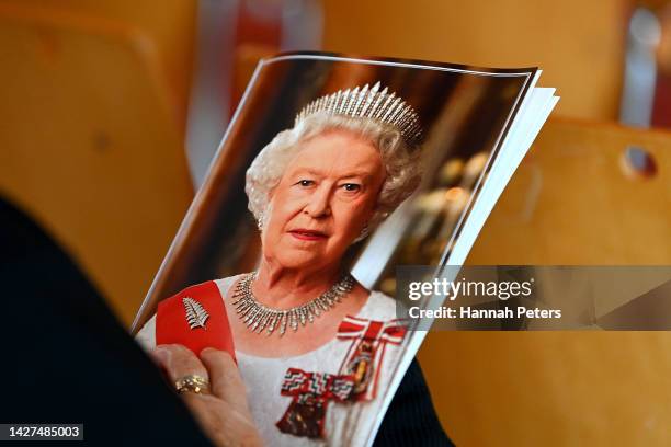 An order of service is seen during the Auckland service of memorial for Her Majesty Queen Elizabeth II at Holy Trinity Cathedral on September 26,...