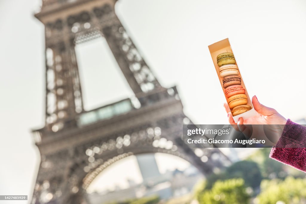 Paris colorful macaroons with the Eiffel Tower in the background, Paris, France