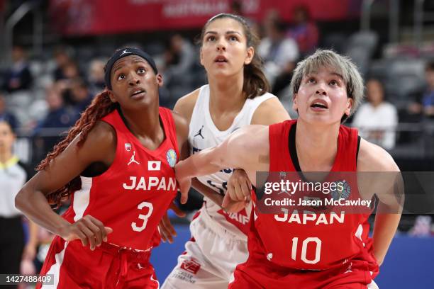 Stephanie Mawuli of Japan, Ana Tadic of France and Ramu Tokashiki of Japan compete for the ball during the 2022 FIBA Women's Basketball World Cup...