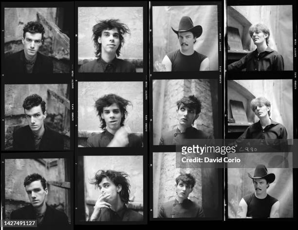 Contact sheet of Nick Cave and the Birthday Party at a portrait session in a disused church in Kilburn, London on 22 October 1981.