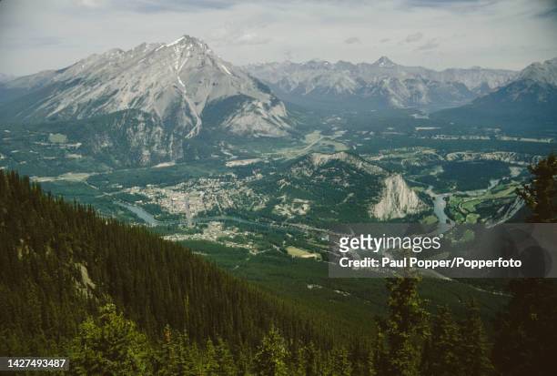 View of the town of Banff on the Bow River in the Bow Valley region of the Canadian Rocky Mountains in the province of Alberta in Canada in September...