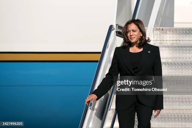 Vice President Kamala Harris arrives at the Yokota Air Base on 26 September 2022, in Fussa, Tokyo, Japan. Dignitaries including several current and...