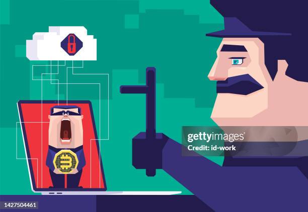 bildbanksillustrationer, clip art samt tecknat material och ikoner med surprised hacker holding electronic coin and meeting security guard on laptop - masked thief caught