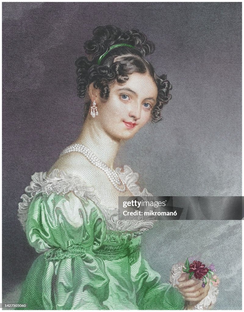 Old engraved illustration of portrait of Lady Selina Meade - second daughter of Richard, second Earl of Clanwilliam, and of his wife, the Countess of Thunn