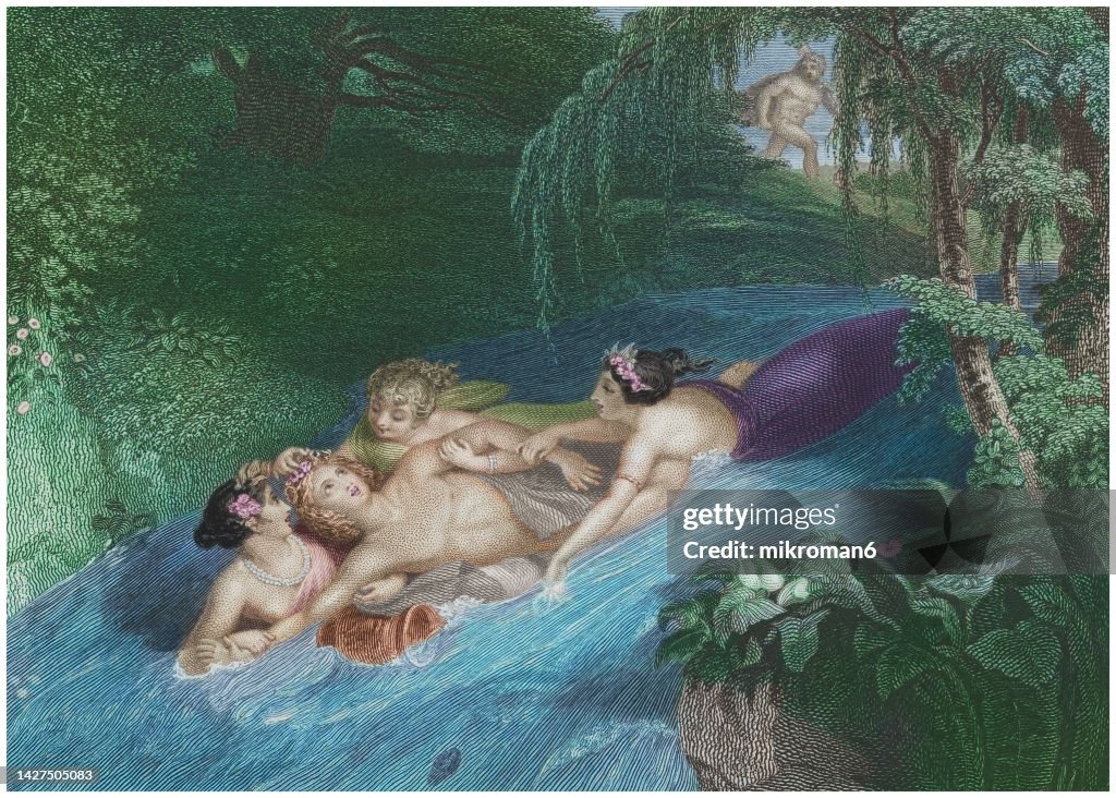 Old engraved illustration of Hylas (Heracles's companion and servant) and the Water Nymphs