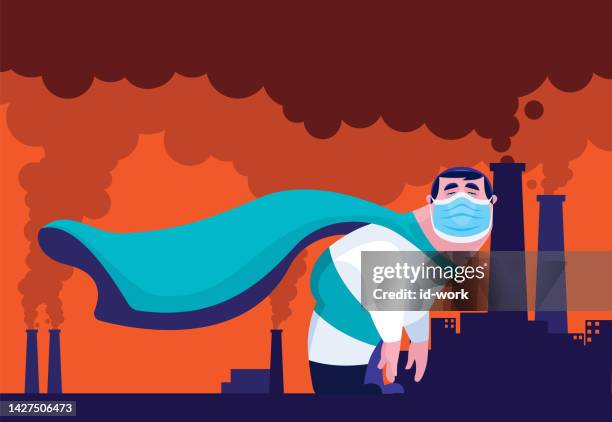 stockillustraties, clipart, cartoons en iconen met sad masked super hero leaning on chimney with air pollution background - schoorsteen
