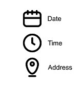 Date and time location address icon in flat style. Event message vector illustration on isolated background. Information sign business concept