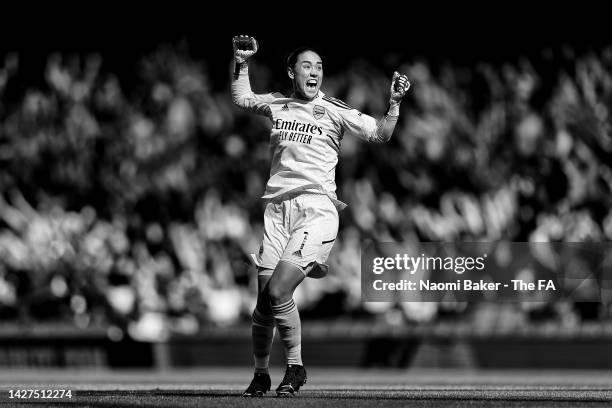 Manuela Zinsberger of Arsenal celebrates after their teammate Beth Mead scored their side's first goal during the FA Women's Super League match...
