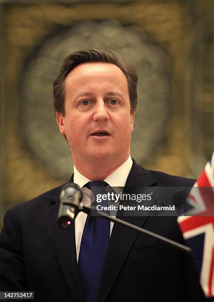 Prime Minister David Cameron speaks to reporters at the Prime Minister Najib Razak's Residence on April 12, 2012 in Kuala Lumpur, Malaysia. Mr...