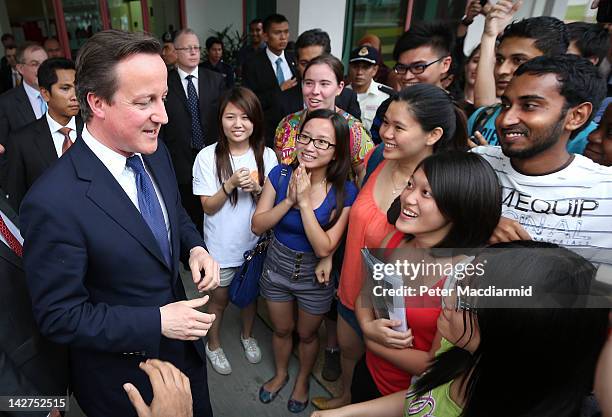 Prime Minister David Cameron talks to students at The University of Nottingham Malaysia Campus on April 12, 2012 in Kuala Lumpur, Malaysia. Mr...