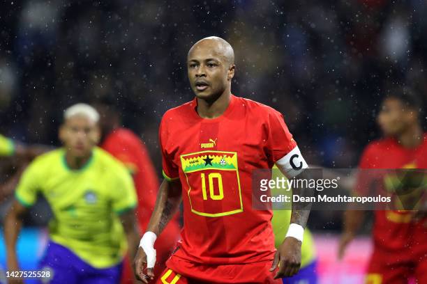 Andre Ayew of Ghana in action during the international friendly match between Brazil and Ghana at Stade Oceane on September 23, 2022 in Le Havre,...