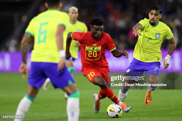 Mohammed Kudus of Ghana in action during the international friendly match between Brazil and Ghana at Stade Oceane on September 23, 2022 in Le Havre,...