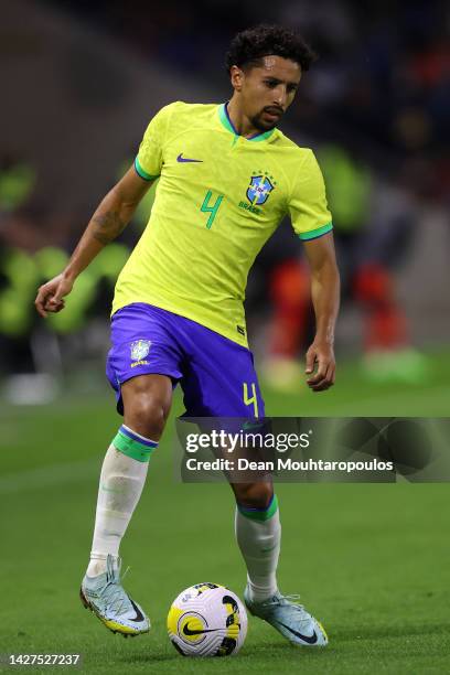 Marquinhos of Brazil in action during the international friendly match between Brazil and Ghana at Stade Oceane on September 23, 2022 in Le Havre,...