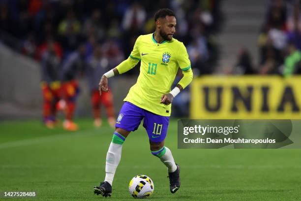 Neymar of Brazil in action during the international friendly match between Brazil and Ghana at Stade Oceane on September 23, 2022 in Le Havre, France.