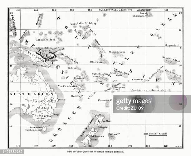 former german colonies in melanesia, wood engraving, published in 1885 - fiji map stock illustrations