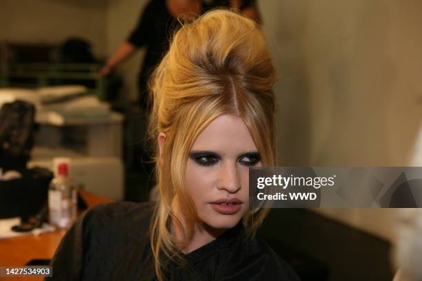 Model Lara Stone backstage at Jean Paul Gaultier's fall 2009 haute couture runway show at 325 rue Saint-Martin in Paris.