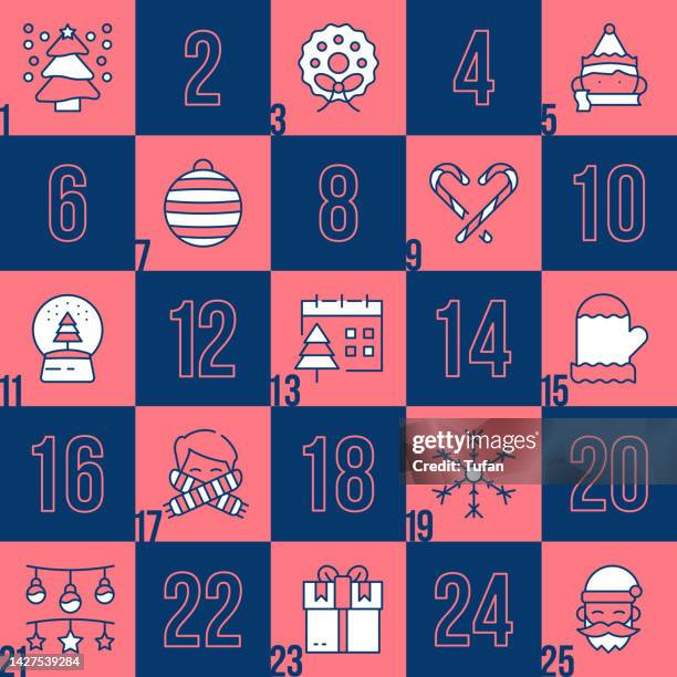 stockillustraties, clipart, cartoons en iconen met advent calendar icon template. christmas advent calendar design. christmas tree, snow, decorations, santa claus, christmas candy and more - adventkalender