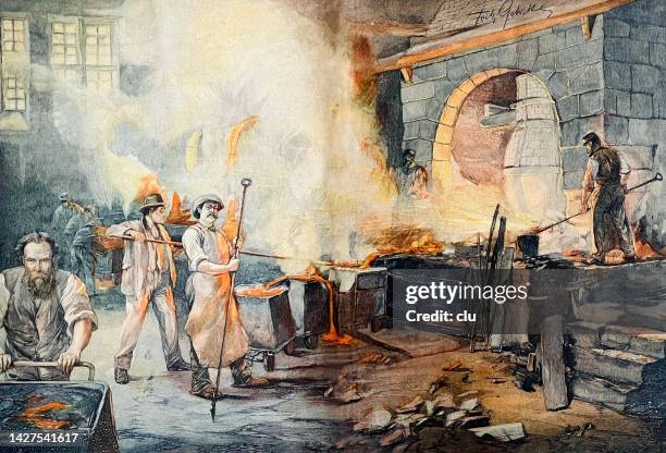 in the smelter: draining of the raw stone slag - smelting cartoon stock illustrations