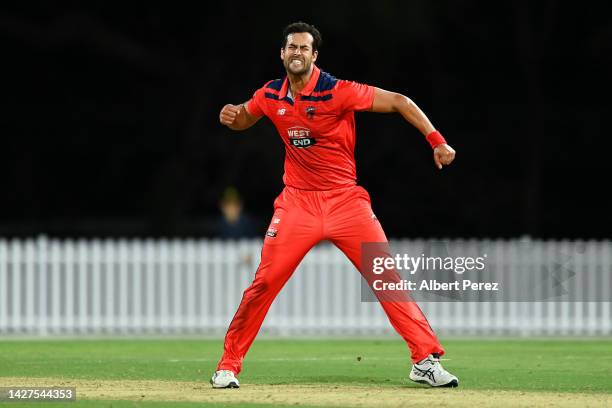 Wes Agar of South Australia celebrates bowling out Gurinder Sandhu of Queensland during the Marsh One Day Cup match between Queensland and South...