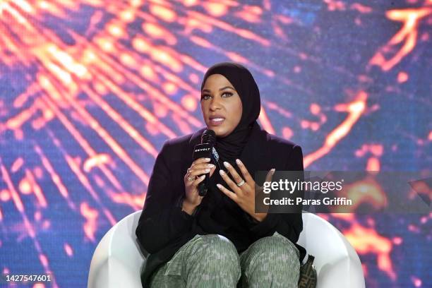 Ibtihaj Muhammad speaks onstage during the 2022 Revolt Summit at 787 Windsor on September 25, 2022 in Atlanta, Georgia.