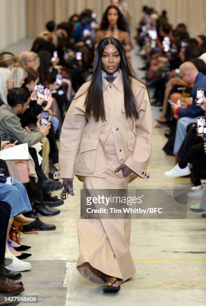 Naomi Campbell walks the runway during the Burberry show during London Fashion Week September 2022 on September 26, 2022 in London, England.