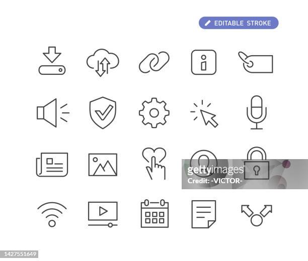 social technology icons set - line serie - hours in news around the world stock-grafiken, -clipart, -cartoons und -symbole