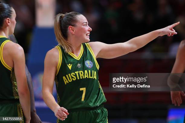 Tess Madgen of Australia celebrates victory during the 2022 FIBA Women's Basketball World Cup Group B match between Australia and Canada at Sydney...