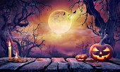 Halloween Table - Old Wooden Plank With Orange Pumpkin In Purple Landscape With Moonlight