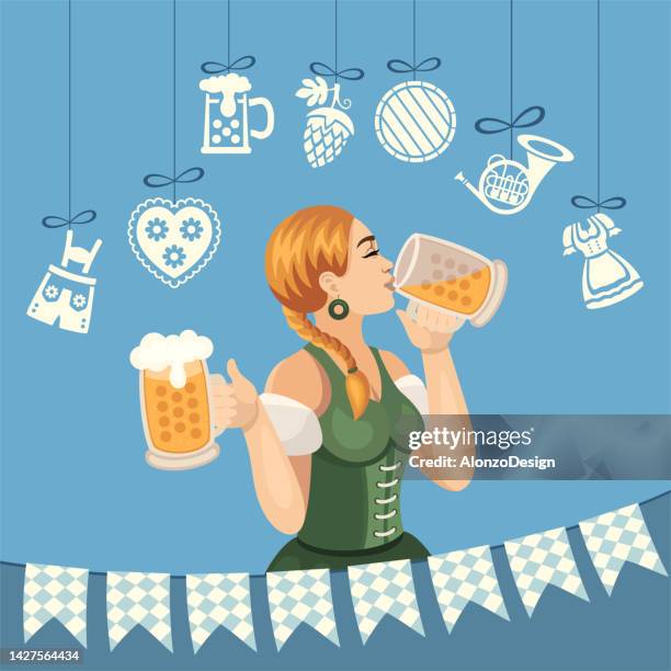 stockillustraties, clipart, cartoons en iconen met beer fest. beer party. beer festival. a young woman drinking beer. - lederhose