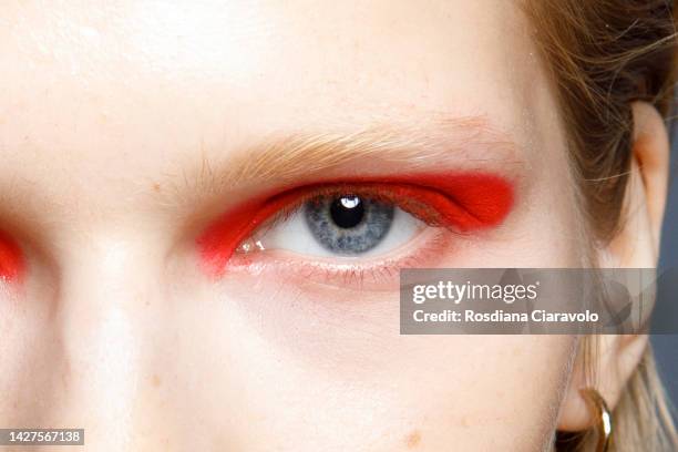 Model, eyeshadow detail, poses backstage at the Benetton Fashion Show during the Milan Fashion Week Womenswear Spring/Summer 2023 on September 25,...