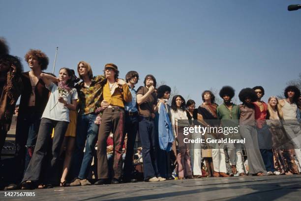 Group of people attending the 'be-in' in Central Park, in the Manhattan borough of New York City, New York, April 1968. The combined Peace Rally and...