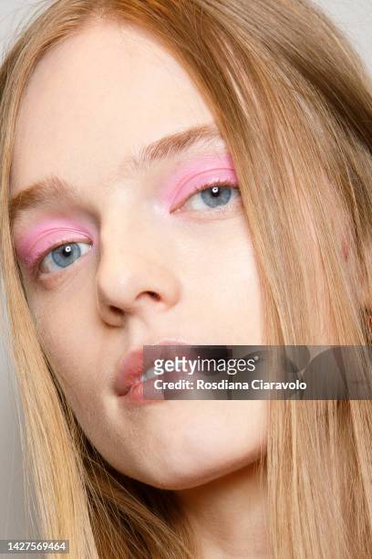 Model, make up detail, poses backstage at the Benetton Fashion Show during the Milan Fashion Week Womenswear Spring/Summer 2023 on September 25, 2022...