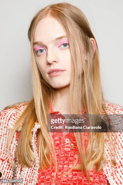 Model poses backstage at the Benetton Fashion Show during the Milan Fashion Week Womenswear Spring/Summer 2023 on September 25, 2022 in Milan, Italy.