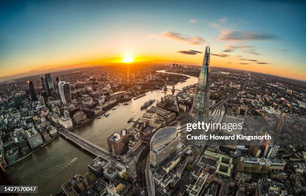 aerial view of the city of london at sunrise - wide angle city stock pictures, royalty-free photos & images