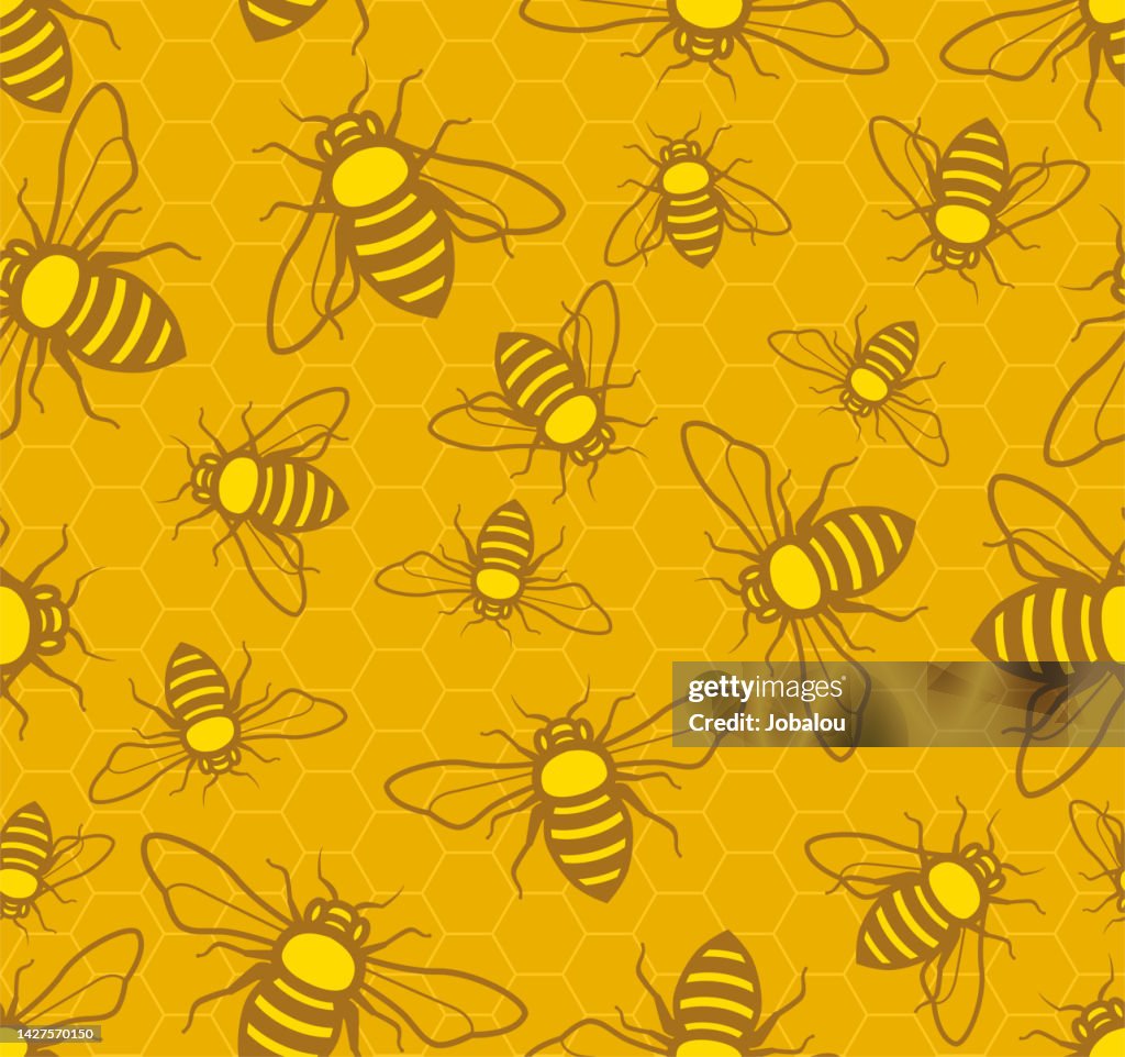 Seamless Pattern Bees Over Sweet Pieces of Honeycomb