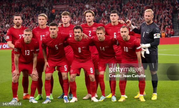 Team Denmark poses before the UEFA Nations League League A Group 1 match between Denmark and France at Parken Stadium on September 25, 2022 in...