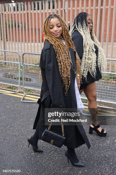 Chloe Bailey arriving at the Burberry s/s 2022 Catwalk Show during London Fashion Week September 2022 on September 26, 2022 in London, England.