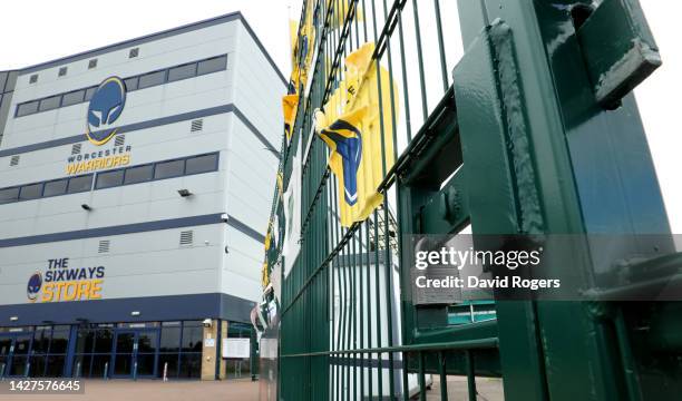 The gates are padlocked, at the Sixways Stadium, home of Worcester Warriors, on September 26, 2022 in Worcester, England.