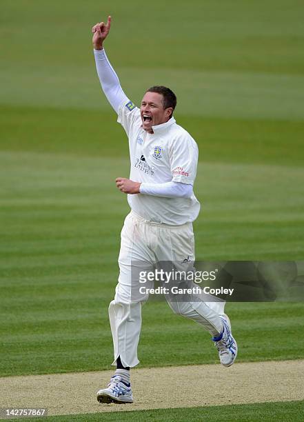 Mitchell Claydon of Durham celebrates dismissing Samit Patel of Nottinghamshire during day one of the LV County Championship division one match...