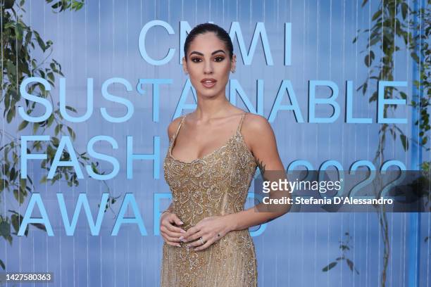 Giulia De Lellis attends the CNMI Sustainable Fashion Awards 2022 pink carpet during the Milan Fashion Week Womenswear Spring/Summer 2023 on...