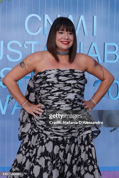 Cristina Fogazzi aka Estetista Cinica attends the CNMI Sustainable Fashion Awards 2022 pink carpet during the Milan Fashion Week Womenswear...