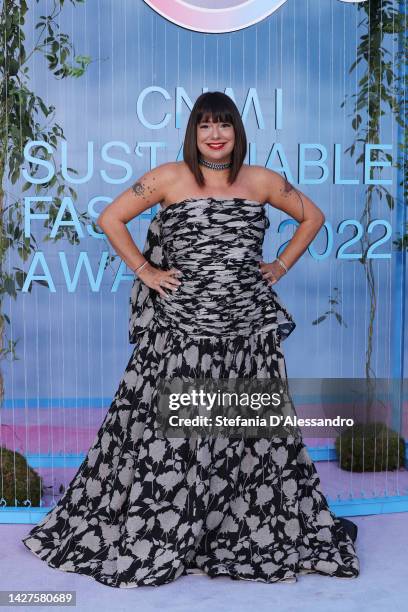 Cristina Fogazzi aka Estetista Cinica attends the CNMI Sustainable Fashion Awards 2022 pink carpet during the Milan Fashion Week Womenswear...