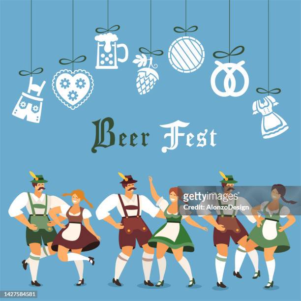 illustrations, cliparts, dessins animés et icônes de conception des étiquettes beer fest. invitation à une fête de la bière. des gens qui dansent et font la fête. - knickers