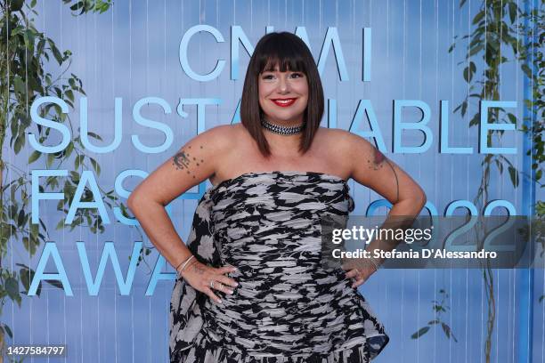 Cristina Fogazzi aka Estetista Cinica attends the CNMI Sustainable Fashion Awards 2022 pink carpet during the Milan Fashion Week Womenswear...