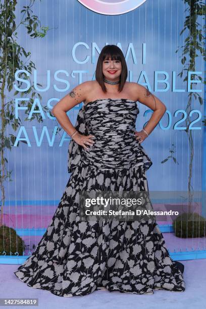 Cristina Fogazzi aka Estetista Cinica attends the CNMI Sustainable Fashion Awards 2022 pink carpet during the Milan Fashion Week Womenswear...